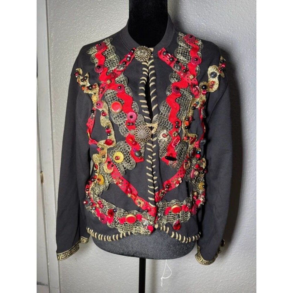 VTG Joe Boxer Embellished Jacket Womens size m Black Red Gold Beaded Y2K *READ*